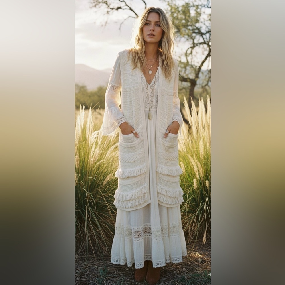 VINCE. 100% Cotton Fringe Knit Boho Cream Long Sweater Vest | XS | - Picture 6 of 6
